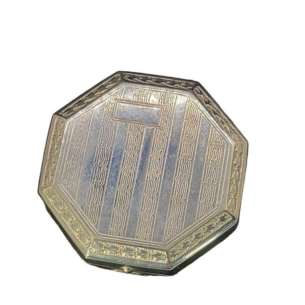 Antique Sliver tone Blush Orange Compact Vintage Art deco